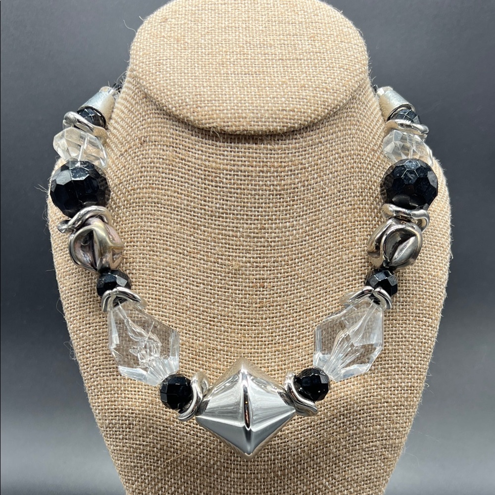Black & Clear Geometric Statement Necklace | Silv… - image 1